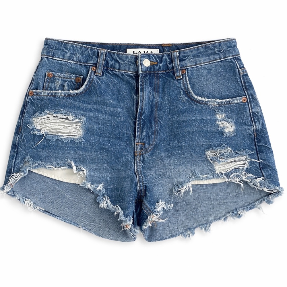 ZARA “The HW Short” High Waist Distressed Denim Shorts – Dark Wash